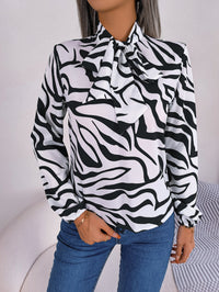 Women's Elegant Color Block Stripe Tie Waist Lantern Sleeve Chiffon Top