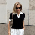 Elegant Commuter Polo-Neck Contrast-Color Loose Knit Top