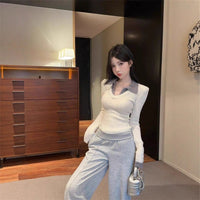 Preppy-style Mock Two-piece Polo-neck Knit Top