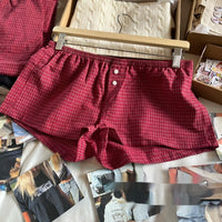 Elastic Waist Red Plaid Fastener Decoration Shorts For Women