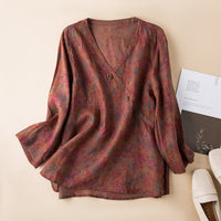 Spring New Linen V-neck Floral Retro Literary Shirt Women