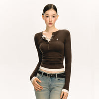 Henry Collar Slim-fit Knitted False Two Pieces Long-sleeved T-shirt