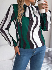 Women's Elegant Color Block Stripe Tie Waist Lantern Sleeve Chiffon Top