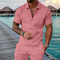 Men's Summer Fashion 3D Printed Short Sleeve Geometric Zip Lapel Shirt Set