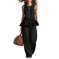 Summer Sleeveless Pleated Tank Top And Wide Leg Pants Set For Women