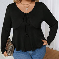 Women's V-neck Waist-casual Knit Solid Long-sleeved Top