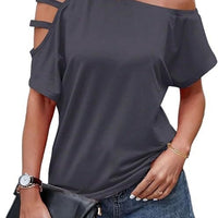 Womens Fashionable New Off-shoulder Asymmetrical Hollow-out Casual Short-sleeve Top