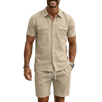 Men's Lapel Shirt And Multi-Pocket Shorts Set