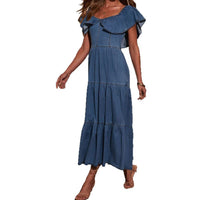 Womens Fashionable Loose Denim Dress With Round Neck Ruffled Hem, And Flared Skirt