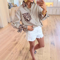 Fashionable Casual Versatile Long-sleeve Leopard-print Patchwork Cardigan Striped Shirt
