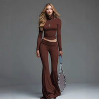 Womens Turtleneck Long-sleeve Flared Pants Two-piece Set