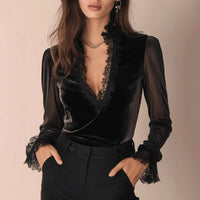 Retro Sophisticated And Subtly Alluring Lace-and-velvet Patchwork Bodycon Top