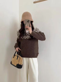 Women's Round Neck Loose Jacquard Sweater Retro Lazy