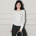 Regular Shoulder Round Neck Pleated Embroidery Long Sleeve Base Shirt
