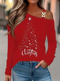 Casual Christmas Printed Long Sleeve Off-the-shoulder T-shirt