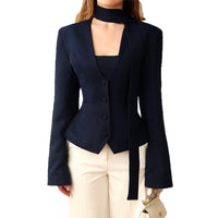 Womens Fashionable Scarf-Trimmed Casual Blazer With Double-Breasted Buttons