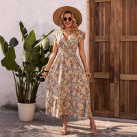 Elegant Printed Floral V-Neck Short-Sleeve Waist-Cinching Dress