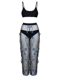 Women's Voile Transparent Black Butterfly Bikini Three-piece Set