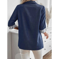 Womens Casual Striped Solid-Color Patchwork Lapel Shirt