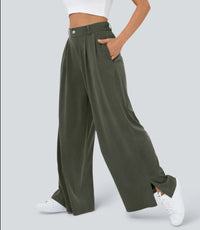 Womens New High-Waist Casual Wide-Leg Pants With Zippers And Pockets At The Hem