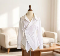 Women's Long-Sleeve Irregularly Shaped, Defined-Waistline Shirt With A Lapel Collar