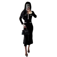 Flared-sleeve Waist-cinched Sheath-style Elegant Black Midi Dress