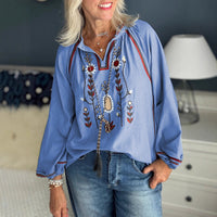 Women's Round Neck Embroidered Casual Chiffon Shirt