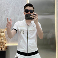 Cardigan Short Sleeve Men's Ice Silk Leisure Shirt Printed Stand Collar Lightweight Breathable Half Sleeve