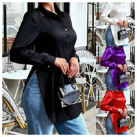 Womens Solid-Color Irregular-Hem Long-Sleeve Satin Shirt