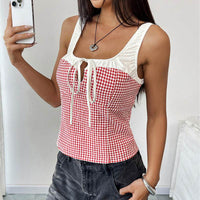 Casual Vest Elastic Lace Plaid Stitching Vest