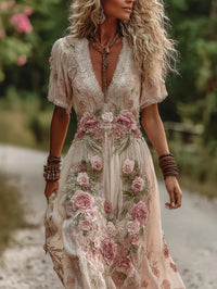Womens 3D-printed Plant And Floral Retro Elegant V-neck Maxi Dress