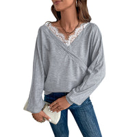 Bestselling V-neck Sweatshirt Lace-panel Top Fashionable Pullover T-shirt