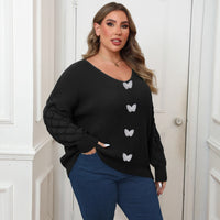 Plus Size Women's Pineapple Sleeve Stitching Deep V Woven Lace Butterfly Sweater