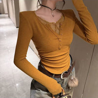 Buttoned V-neck Patchwork Lace T-Shirt Base Layer