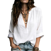 Short-sleeve Thin V-neck Pullover Shirt Loose-fit Womens Blouse
