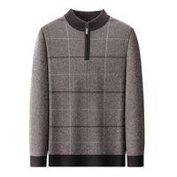 Mens Stylish Plaid Half-zip Knit Sweater