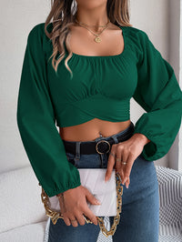 Women's Casual Lantern Sleeve Tie Waist Chiffon Crop Top