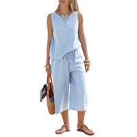 Womens Round-neck Featuring A Striped Sleeveless Top And Cropped Pants