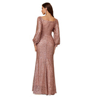 Sequin Puffed-sleeve Long Evening Gown