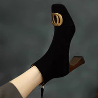 Retro Matte Leather High-Heel Short Boots With Metal Buckle And Side Zipper
