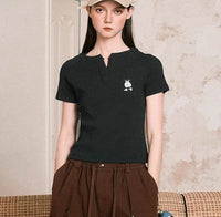 Small V-neck Shoulder Short Slim Fit T-shirt For Women