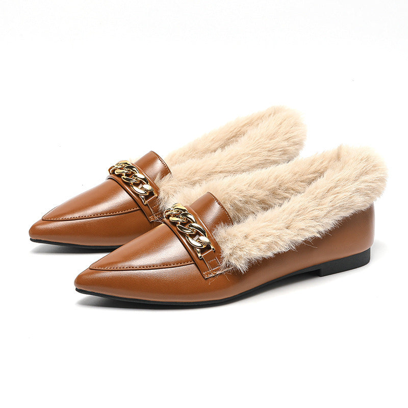 Pointed Toe Horsebit Buckle Toe Cap Plus Size Fluffy Shoes