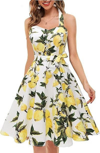 Womens Neck-Hanging Tube Top Sleeveless Printed Retro Maxi Dress