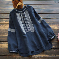 Ethnic Style Wheat Embroidery Long Sleeve Loose Top
