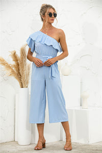 Women's Summer Oblique Shoulder Ruffle Striped Jumpsuit