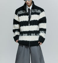 Black And White Contrast Color Thick Needle Woven Cardigan