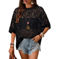 Summer Lace Shirt Loose Fit Round Neck Short Sleeves