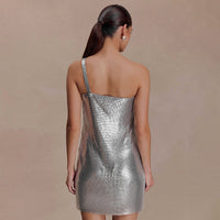 Solid-color Sexy Slim-fit Sleeveless Off-shoulder Glossy One-shoulder Short Dress