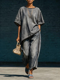 Elegant Casual Denim-Style Loose Wide-Leg Pants Two-Piece Set