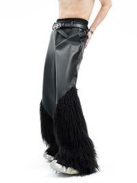 Black Fur Stitching Leather Pants Winter Environmental Protection